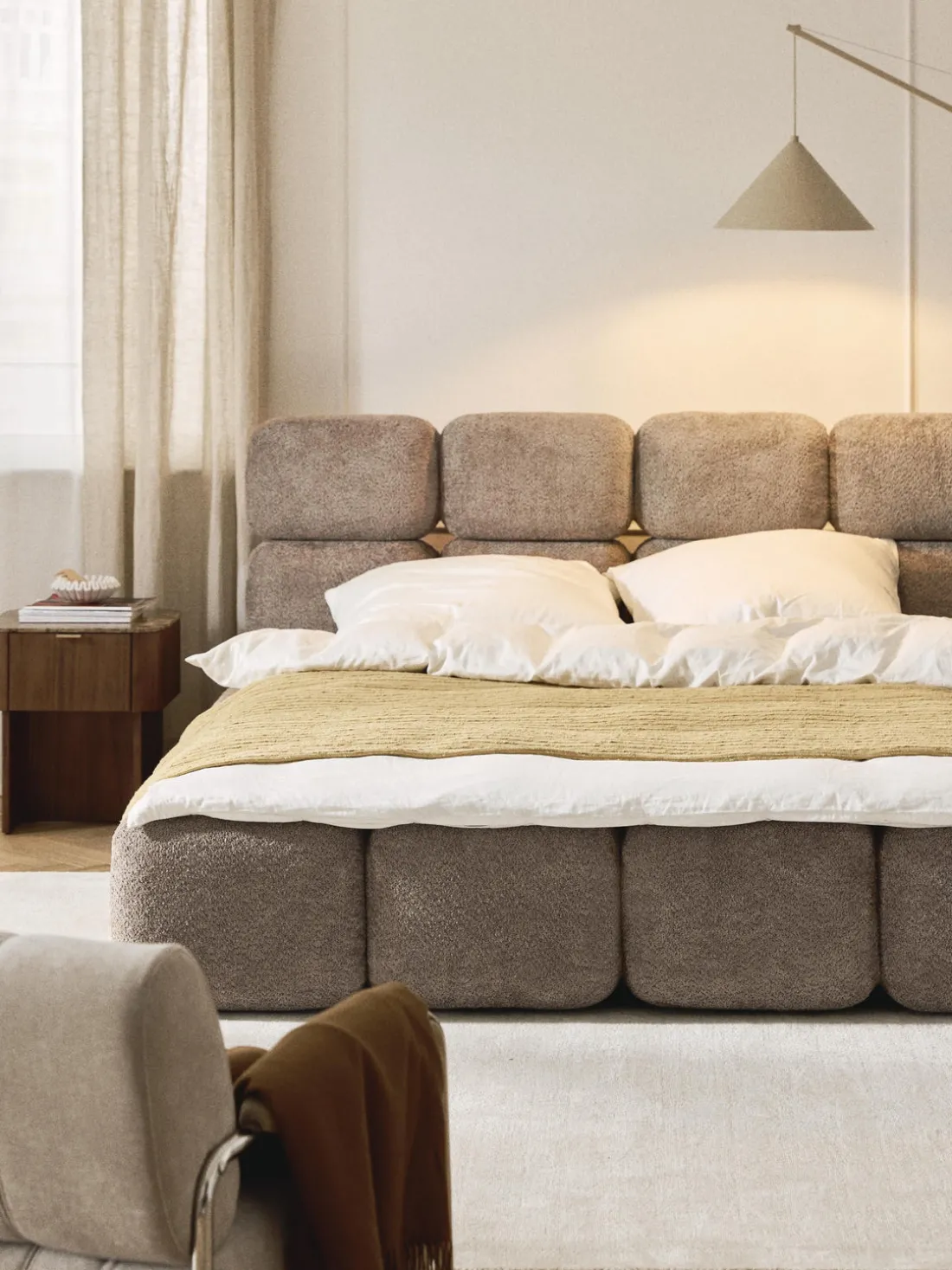 Cama tapizada de borreguillo bouclé Tayla