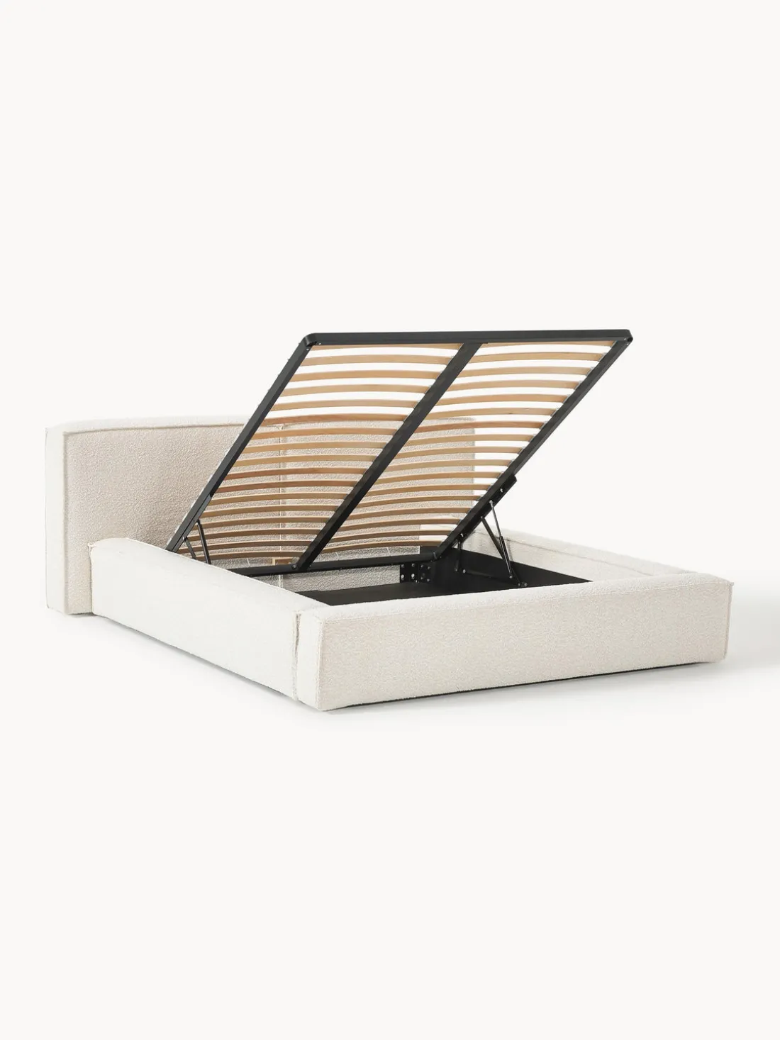 Cama tapizada en tejido bouclé Lennon, con espacio de almacenamiento