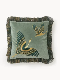 Funda de cojín bordada de terciopelo con flecos Onyx