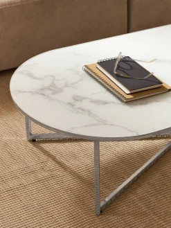 Mesa de centro ovalada con tablero de vidrio en look mármol Antigua