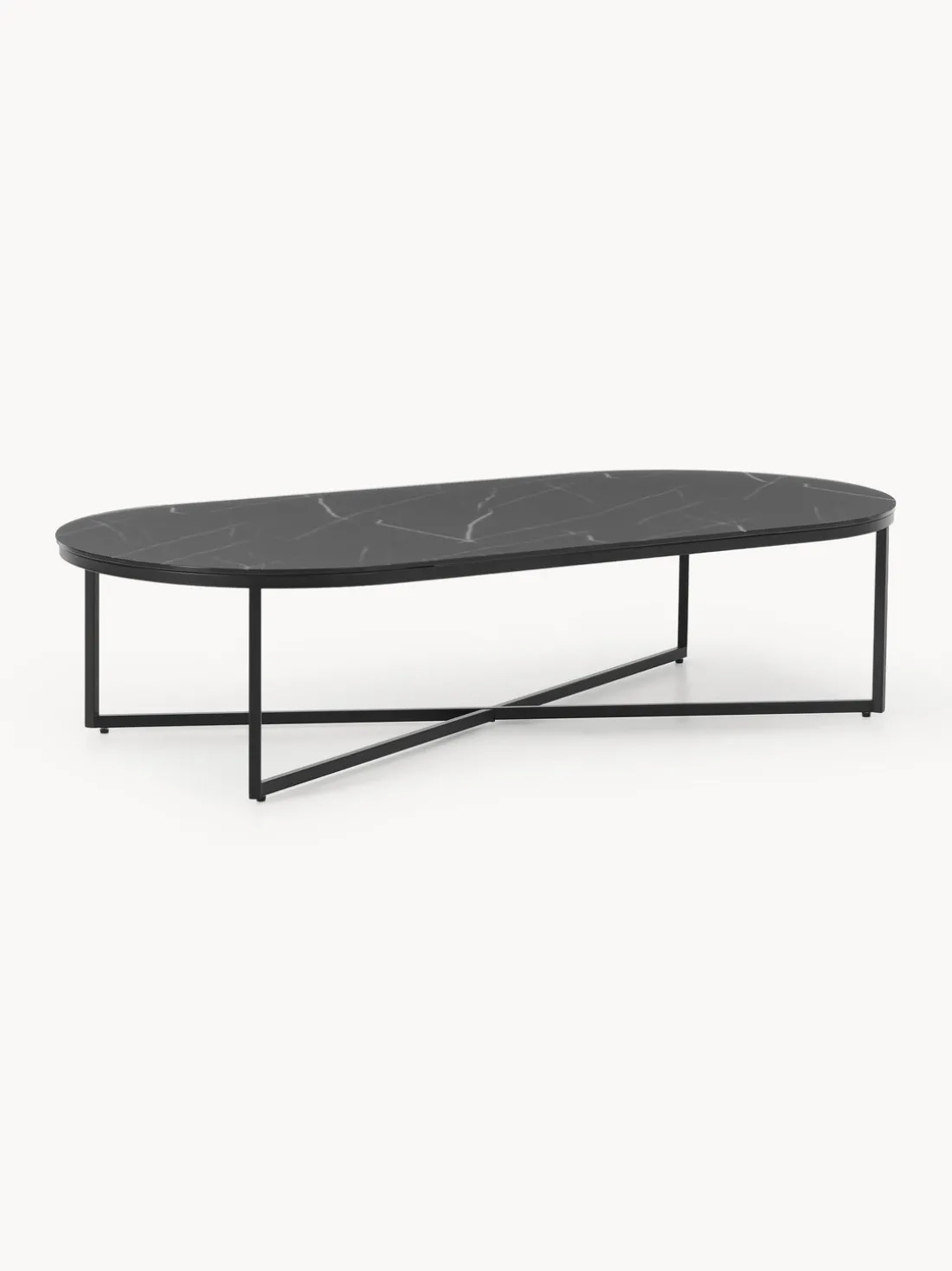 Mesa de centro ovalada con tablero de vidrio en look mármol Antigua