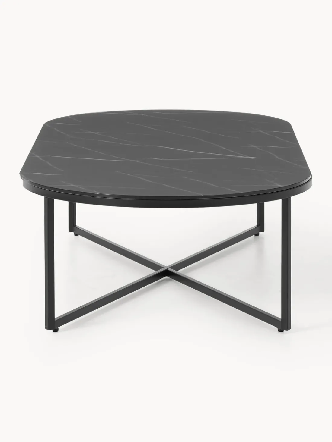 Mesa de centro ovalada con tablero de vidrio en look mármol Antigua