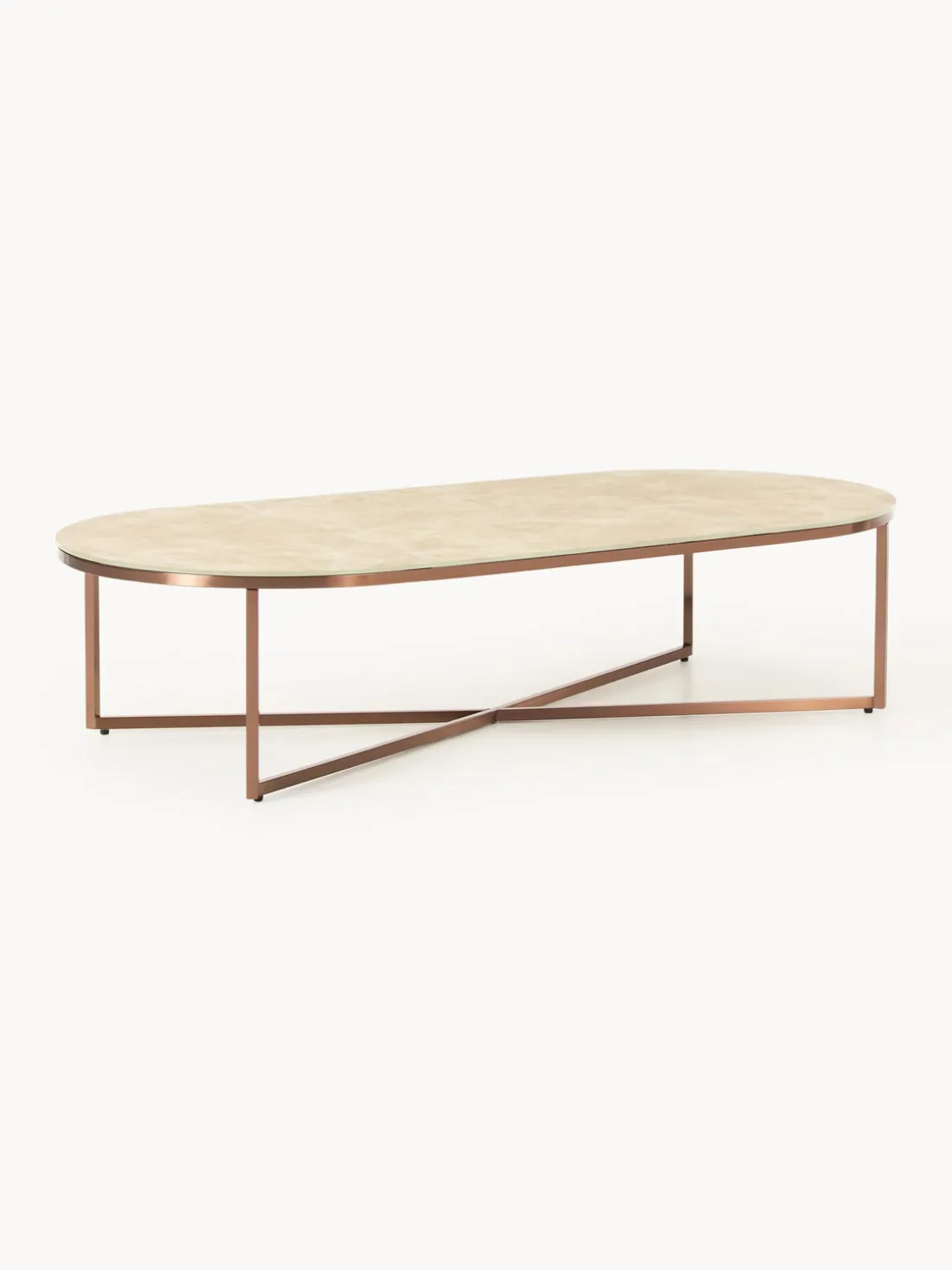 Mesa de centro ovalada con tablero de vidrio en look mármol Antigua