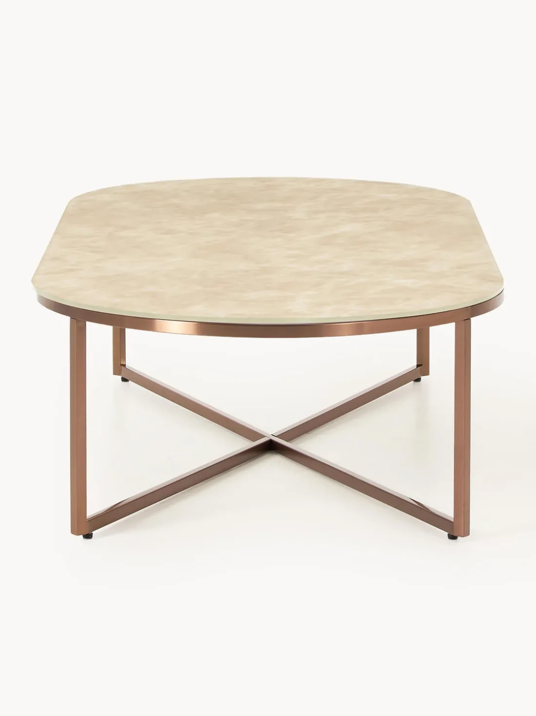 Mesa de centro ovalada con tablero de vidrio en look mármol Antigua