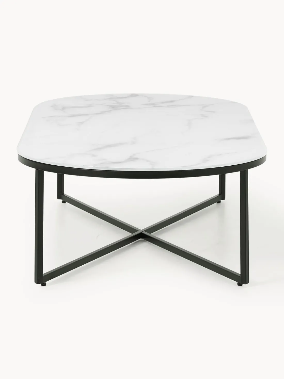 Mesa de centro ovalada con tablero de vidrio en look mármol Antigua