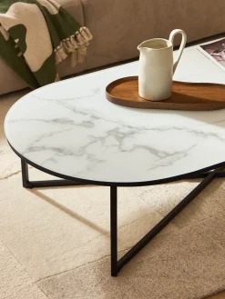 Mesa de centro ovalada con tablero de vidrio en look mármol Antigua