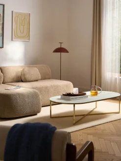 Mesa de centro ovalada con tablero de vidrio en look mármol Antigua