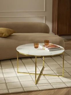 Mesa de centro redonda con tablero de vidrio en look mármol Antigua