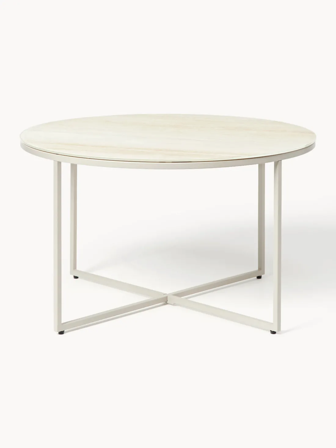 Mesa de centro redonda con tablero de vidrio en look travertino Antigua