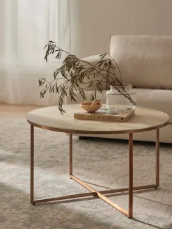 Mesa de centro redonda con tablero de vidrio en look mármol Antigua