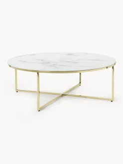 Mesa de centro redonda grande con tablero de vidrio en look mármol Antigua