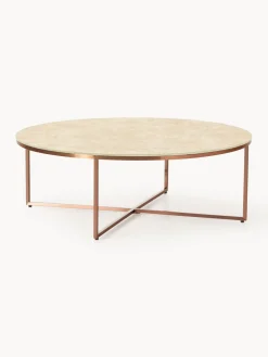 Mesa de centro redonda grande Antigua, tablero de vidrio en aspecto mármol