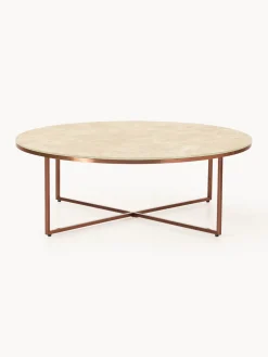 Mesa de centro redonda grande Antigua, tablero de vidrio en aspecto mármol